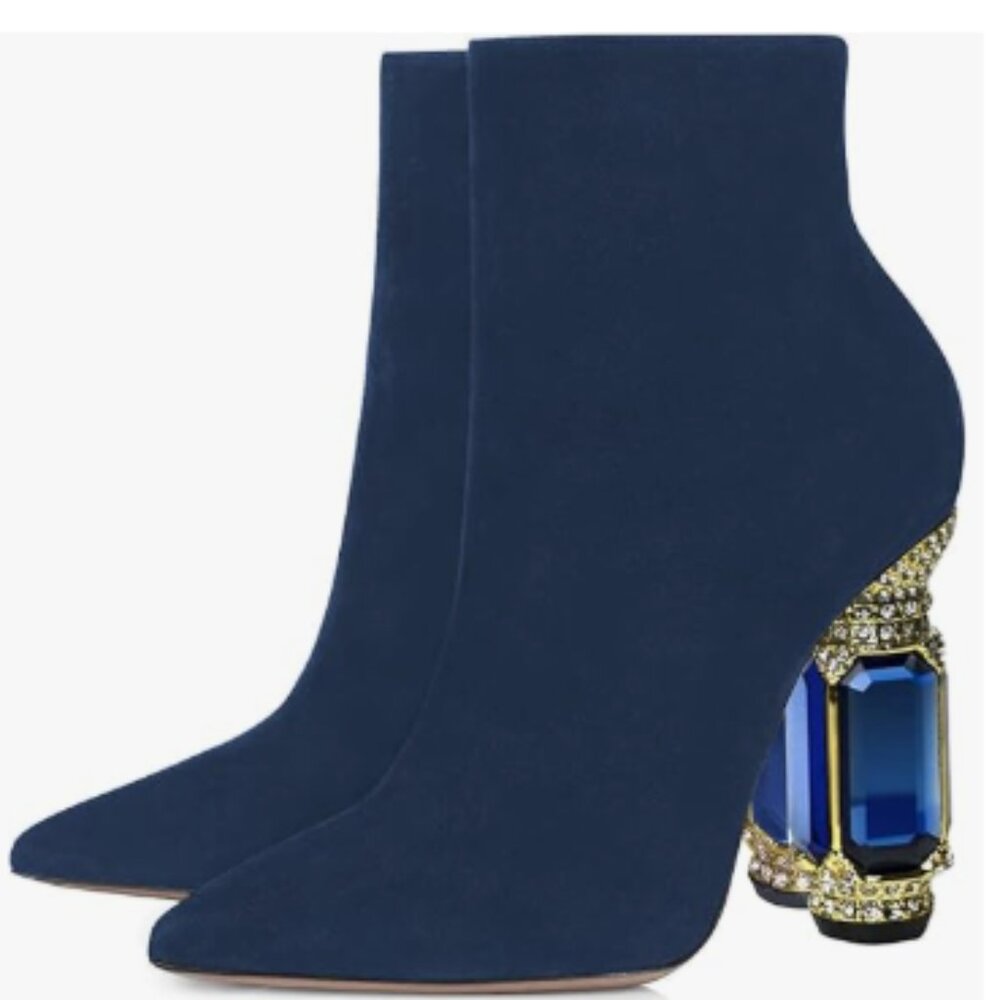 FSJ Blue Suede Pointed Toe Crystal High Heel Ankle Boots Glossy Side Zipper Shoe